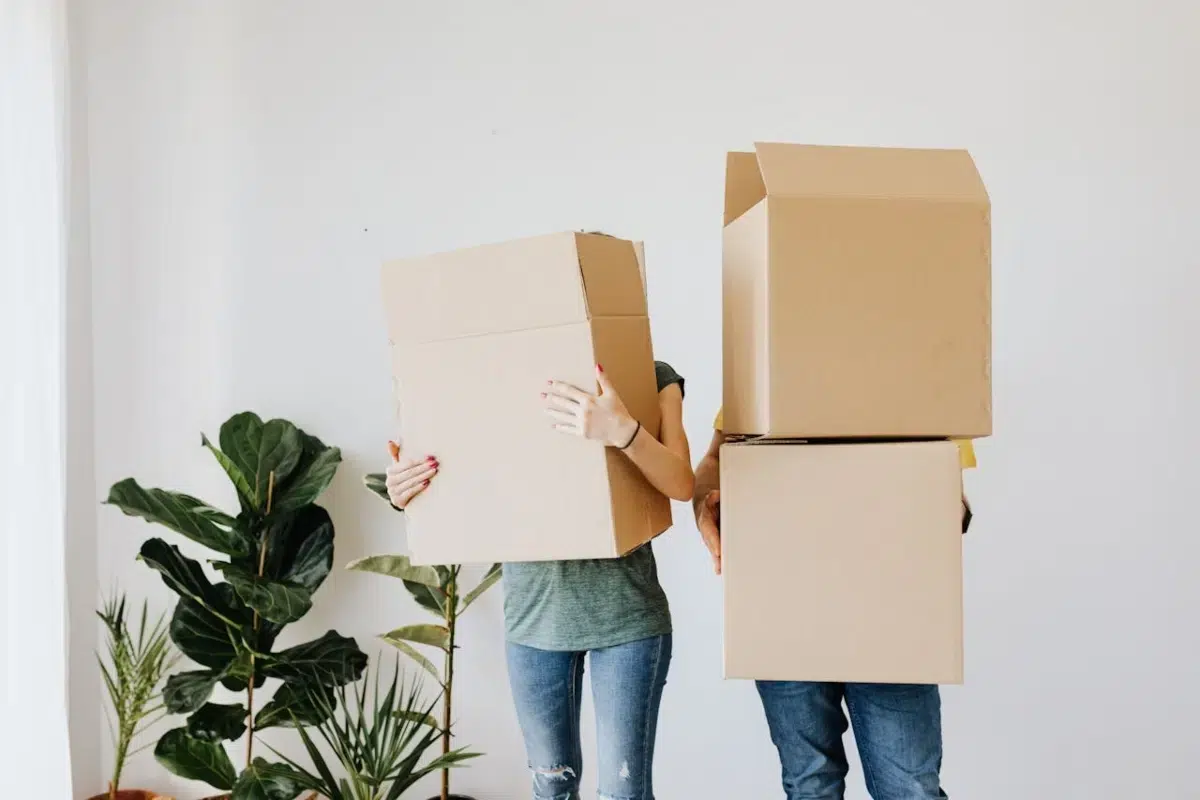 A couple holds cardboard boxes in front of them, standing against a white wall with houseplants in the background.