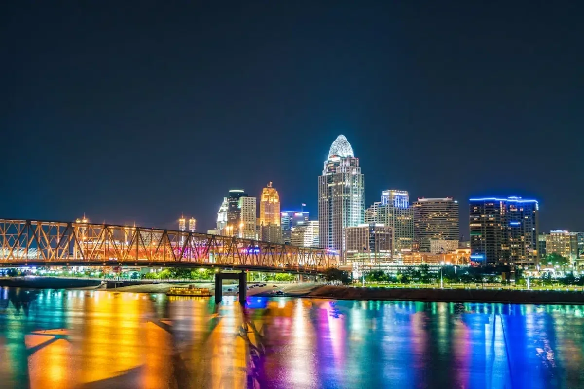 Vibrant city skyline at night of Cincinnati Ohio