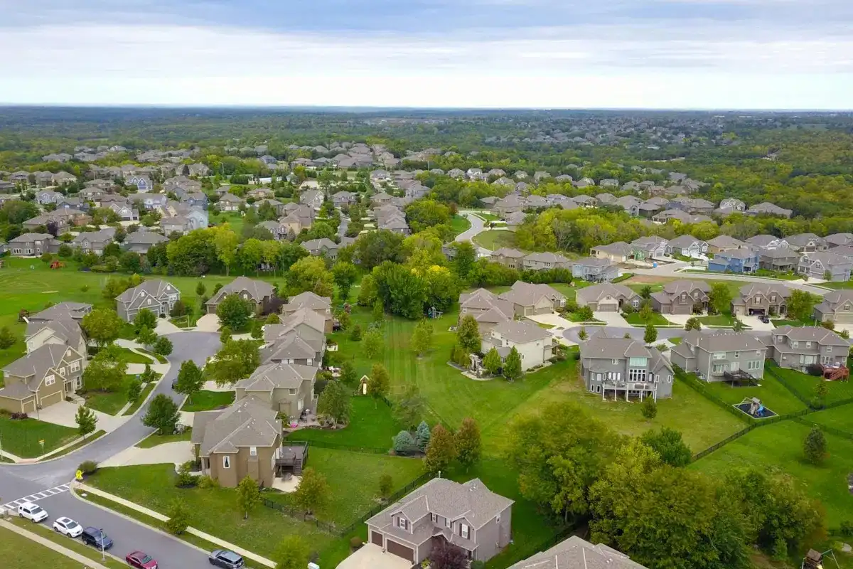 Aerial view of a suburban neighborhood, think about what you need to know before moving to Moddletown Ohio