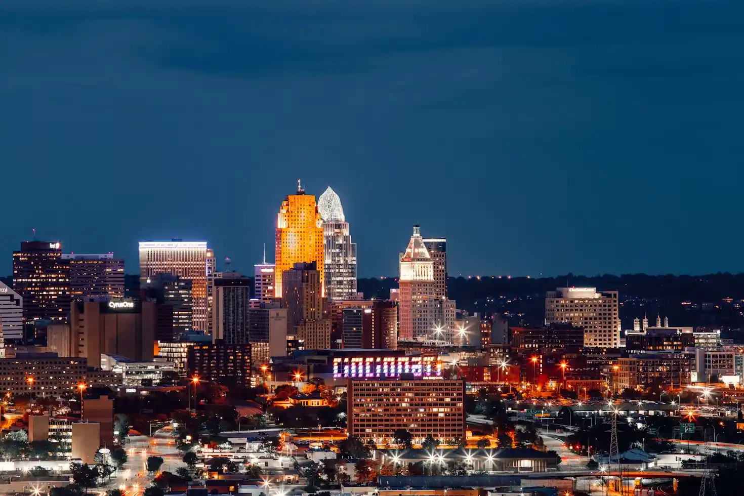 A city skyline at night